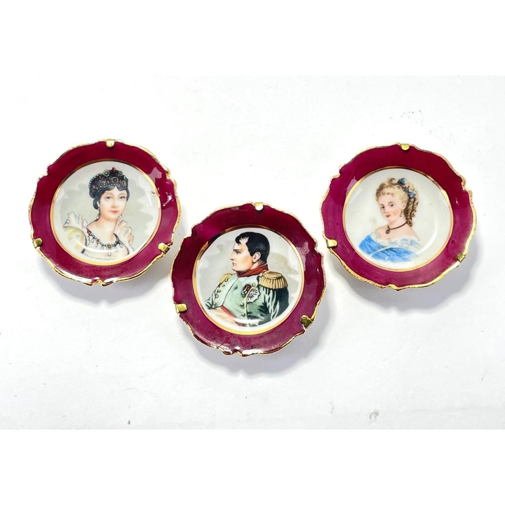 Limoges France Portrait Mini Plates Red Rim Porcelain Set 3 Victorian Style